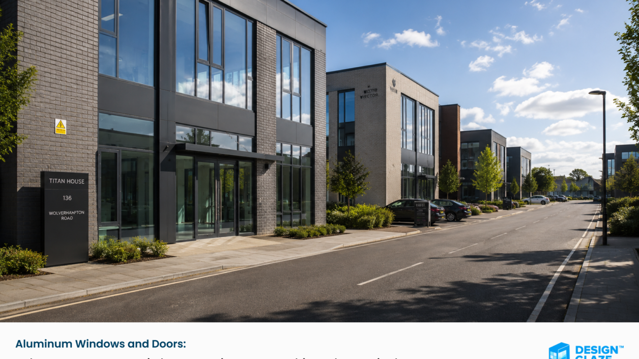 Commercial office building fitted with slimline anthracite grey aluminium windows and doors
