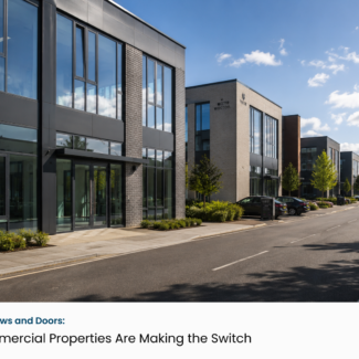 Commercial office building fitted with slimline anthracite grey aluminium windows and doors