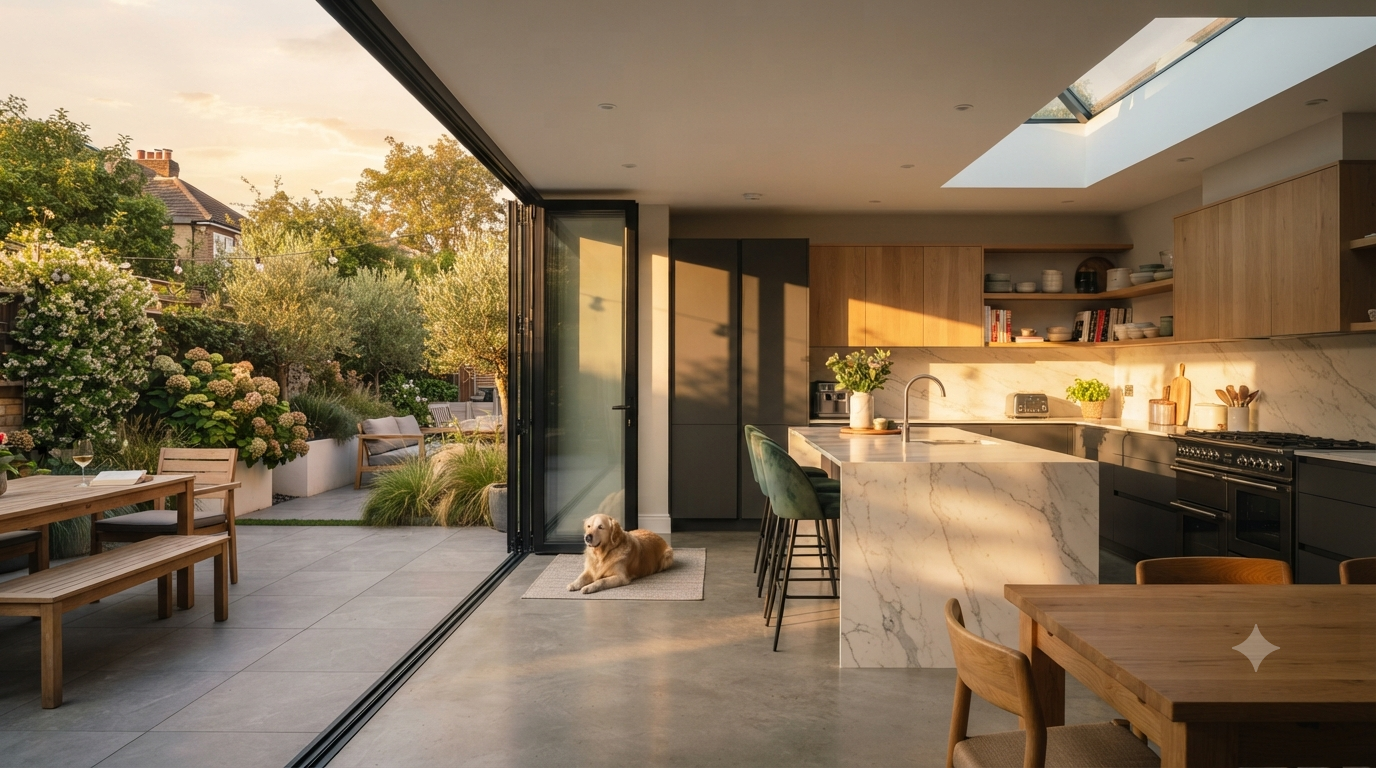 Family enjoying a garden patio beside open bifold doors from their kitchen