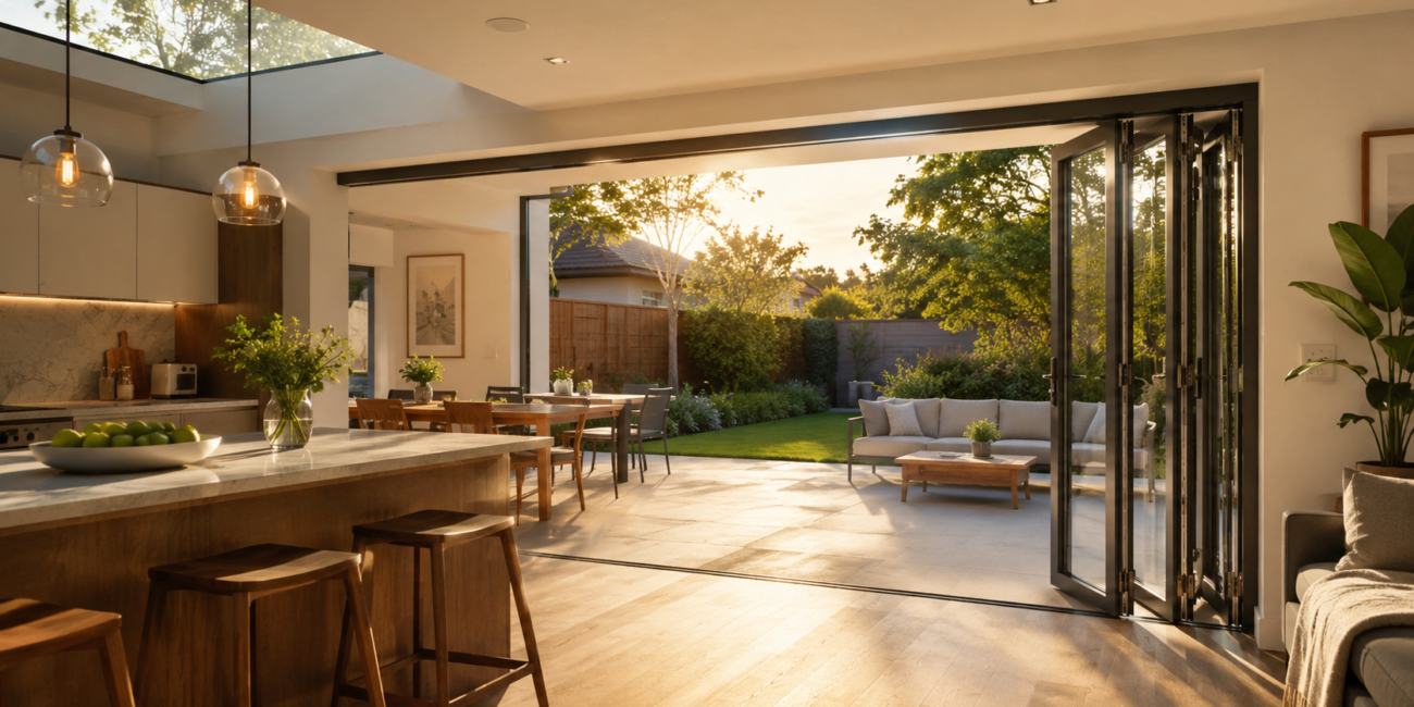 bifolding doors for residential spaces -Open aluminium bifold doors in a UK kitchen extension letting in natural light