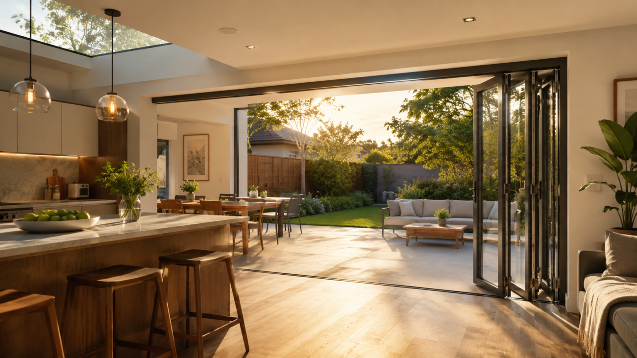 bifolding doors for residential spaces -Open aluminium bifold doors in a UK kitchen extension letting in natural light