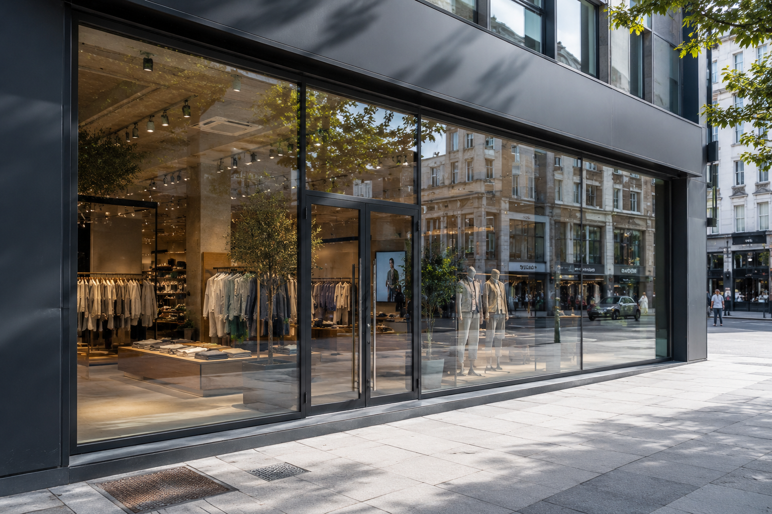 Retail shopfront with floor-to-ceiling aluminium-framed glazing