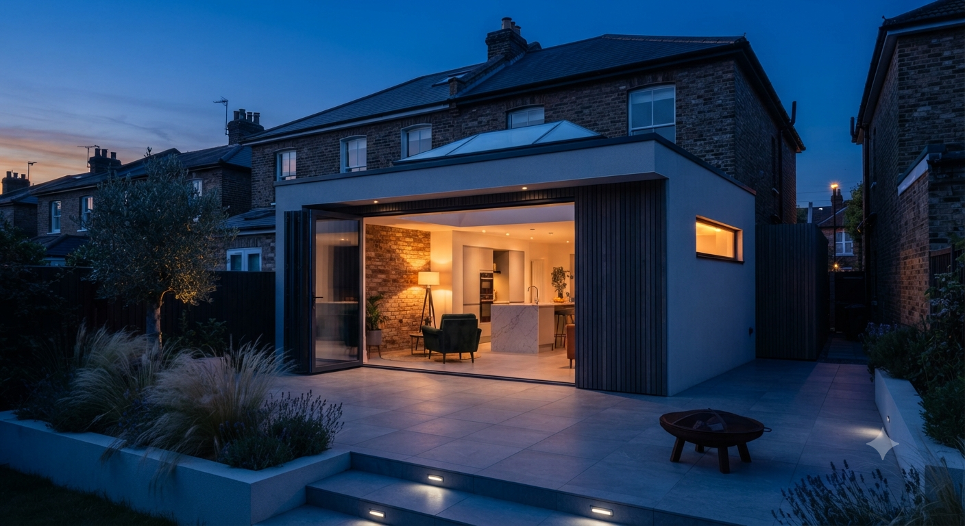 UK semi-detached house extension featuring anthracite grey aluminium bifold doors open onto a garden