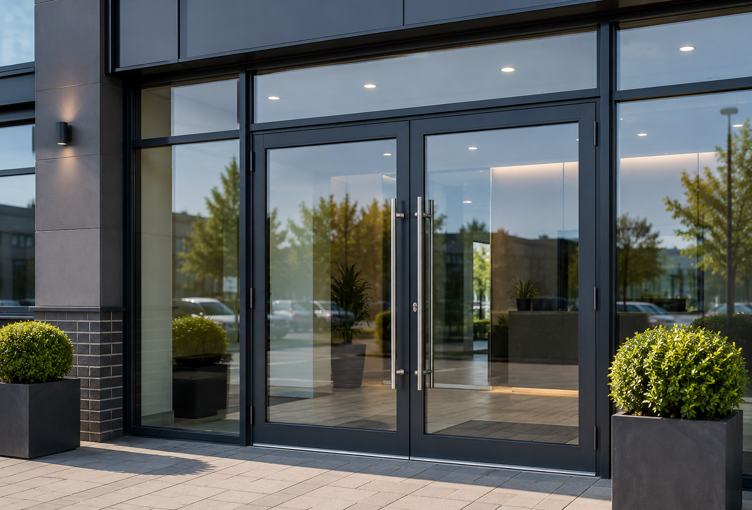 Sliding glass entrance door installed at a commercial reception in Wolverhampton"