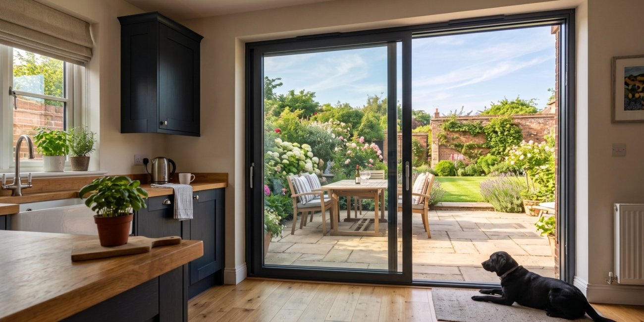 Sliding Glass Doors - Anthracite grey aluminium sliding glass door opening onto a garden patio
