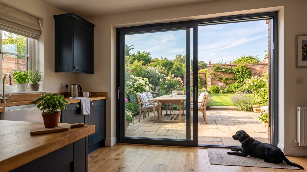 Sliding Glass Doors - Anthracite grey aluminium sliding glass door opening onto a garden patio