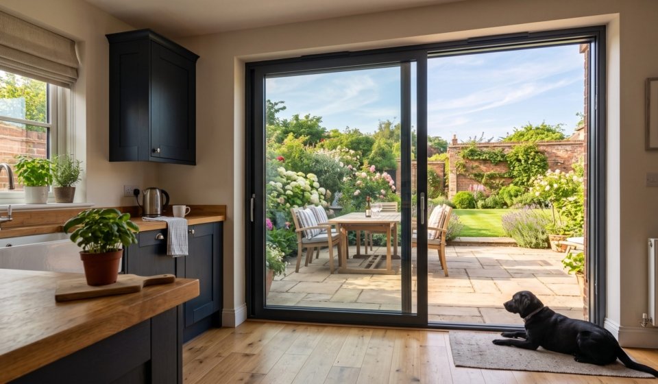 Sliding Glass Doors - Anthracite grey aluminium sliding glass door opening onto a garden patio
