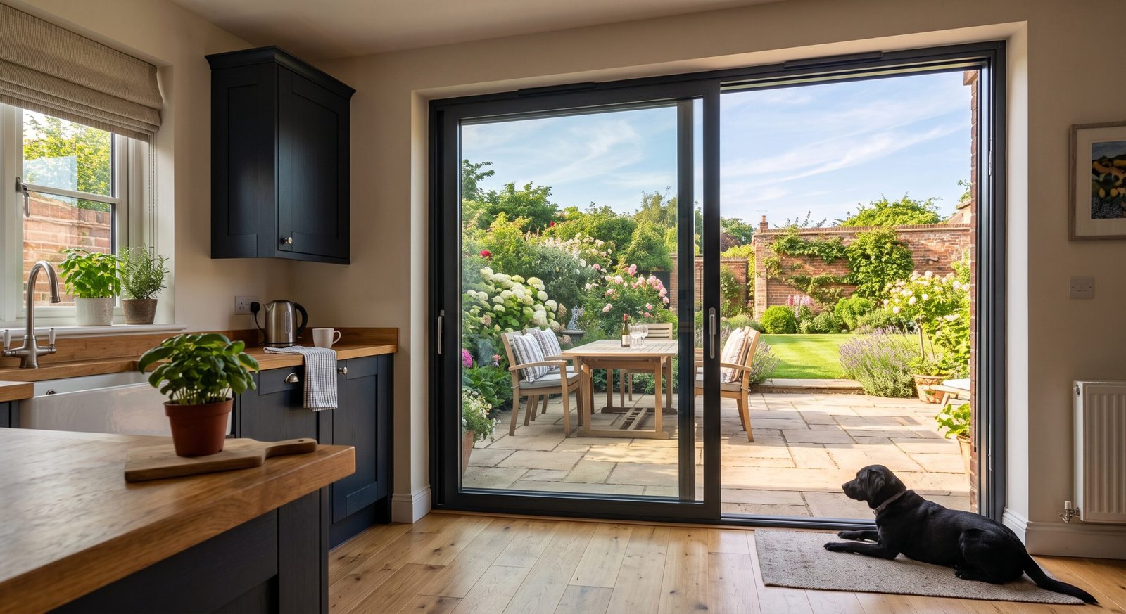 Anthracite grey aluminium sliding glass door opening onto a garden patio
