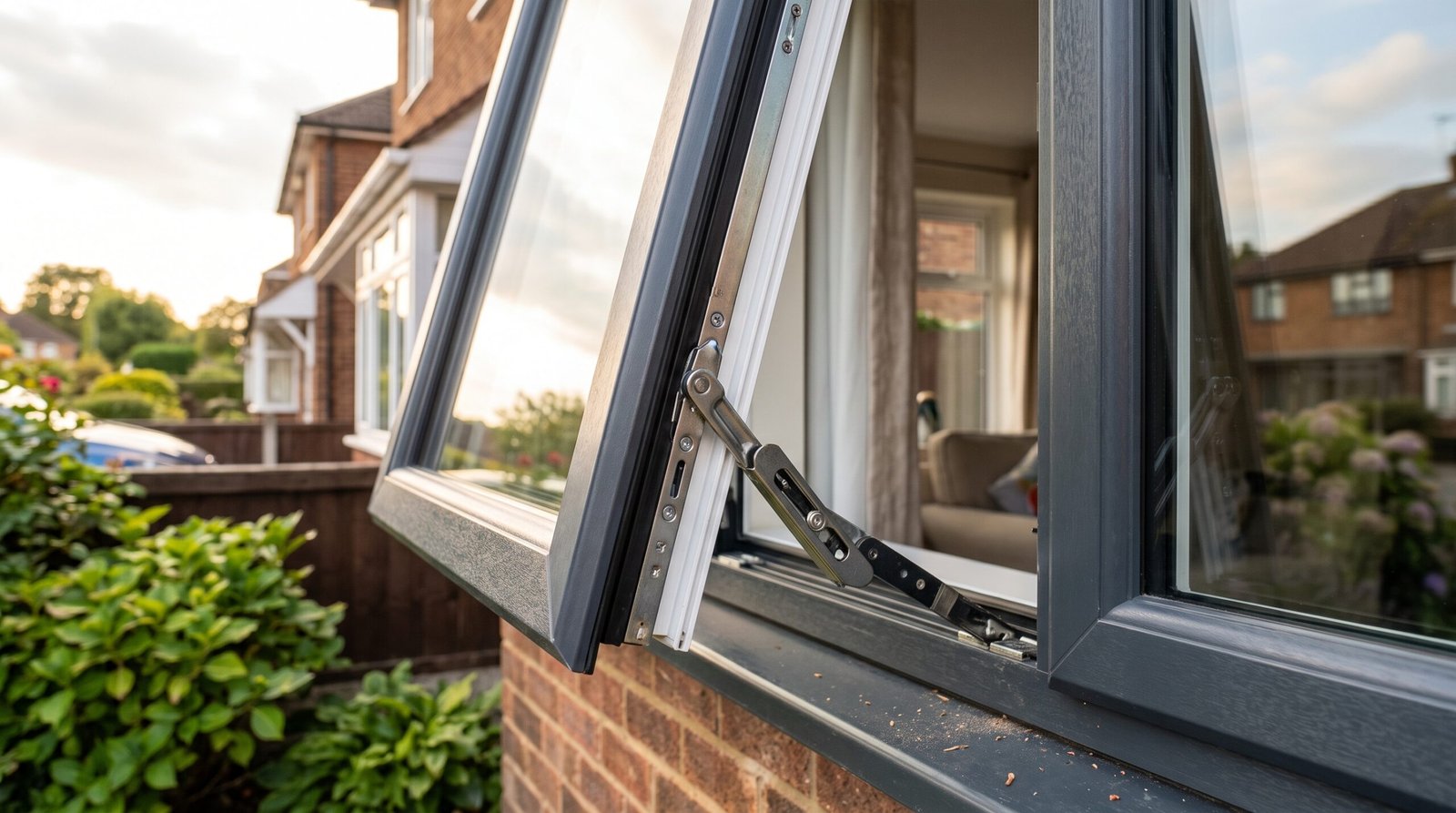 Close-up of a UPVC tilt and turn window opening on a family home