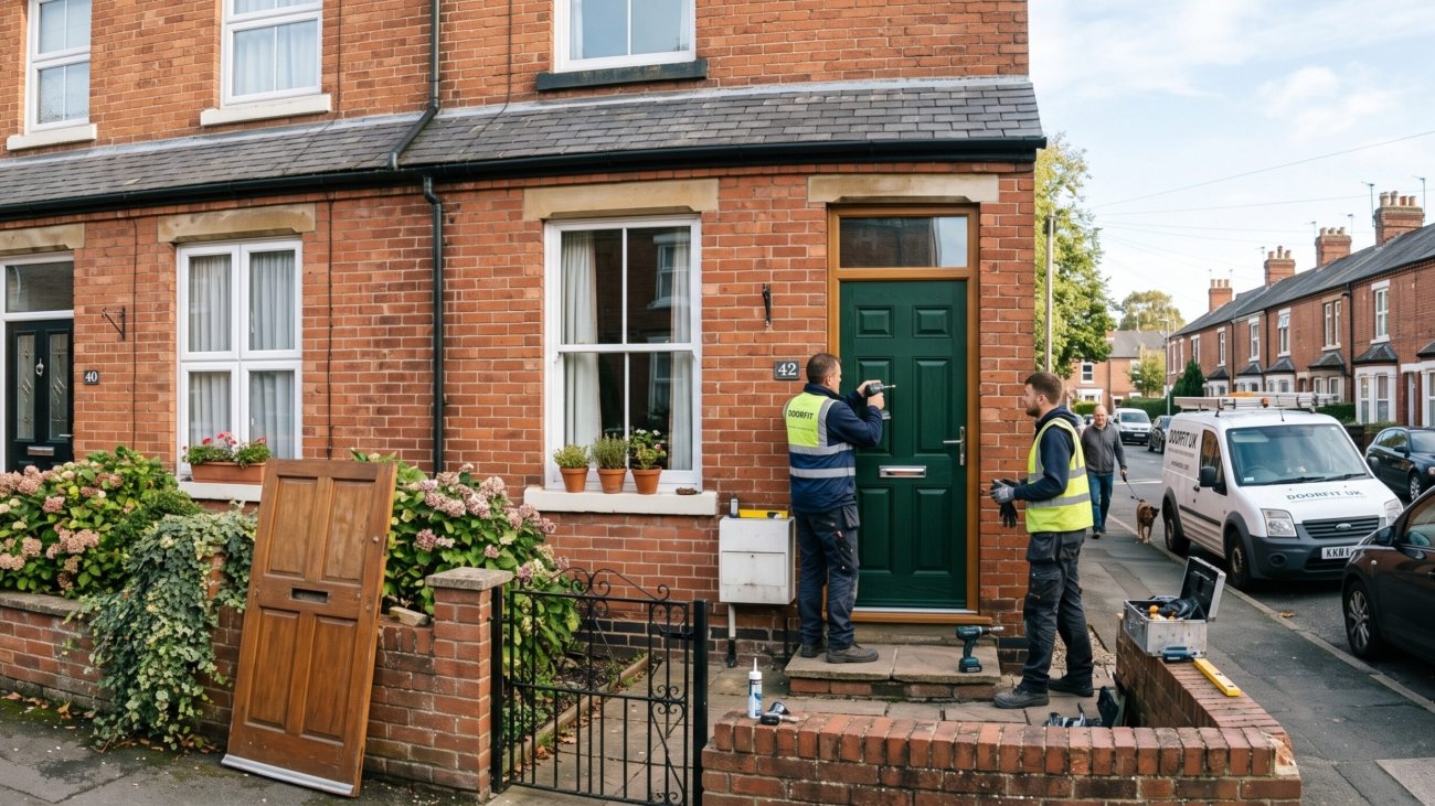 Front Door Installation Checklist - Fitting team installing a new front door on a British terraced house