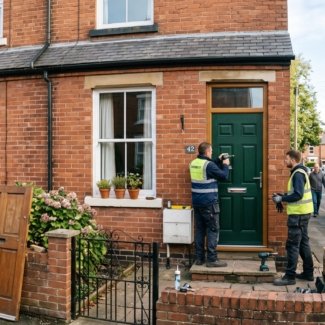 Front Door Installation Checklist - Fitting team installing a new front door on a British terraced house