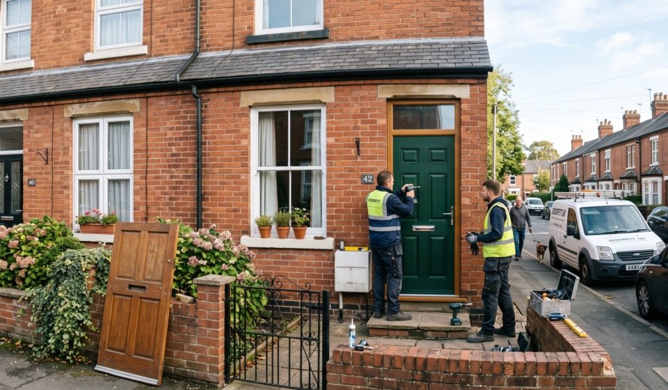 Front Door Installation Checklist - Fitting team installing a new front door on a British terraced house