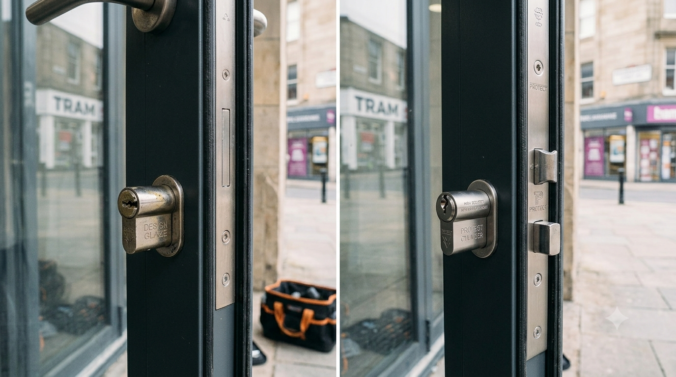Old versus upgraded commercial door lock security comparison
