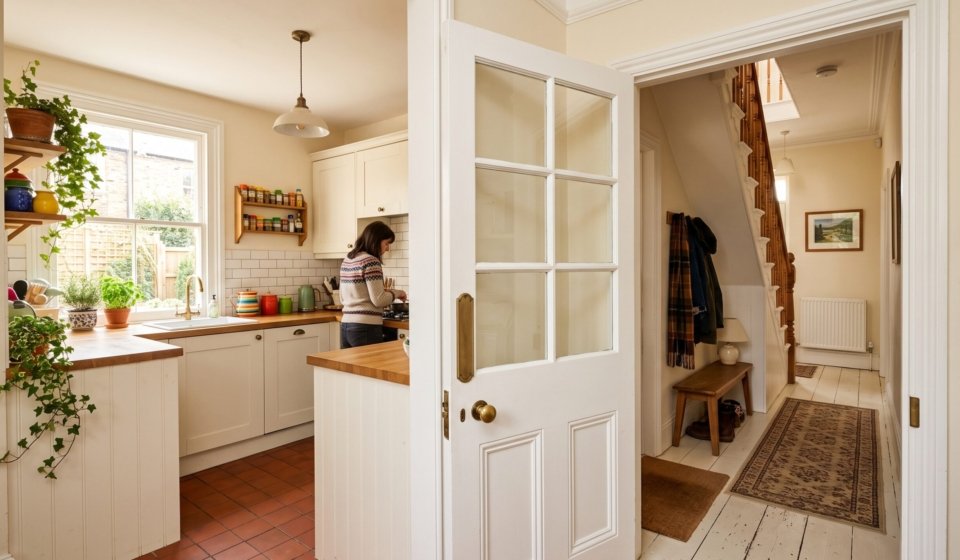 Half-glazed white internal door glass between kitchen and hallway