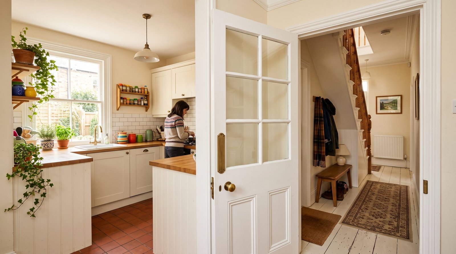 Half-glazed white internal glass doors between kitchen and hallway