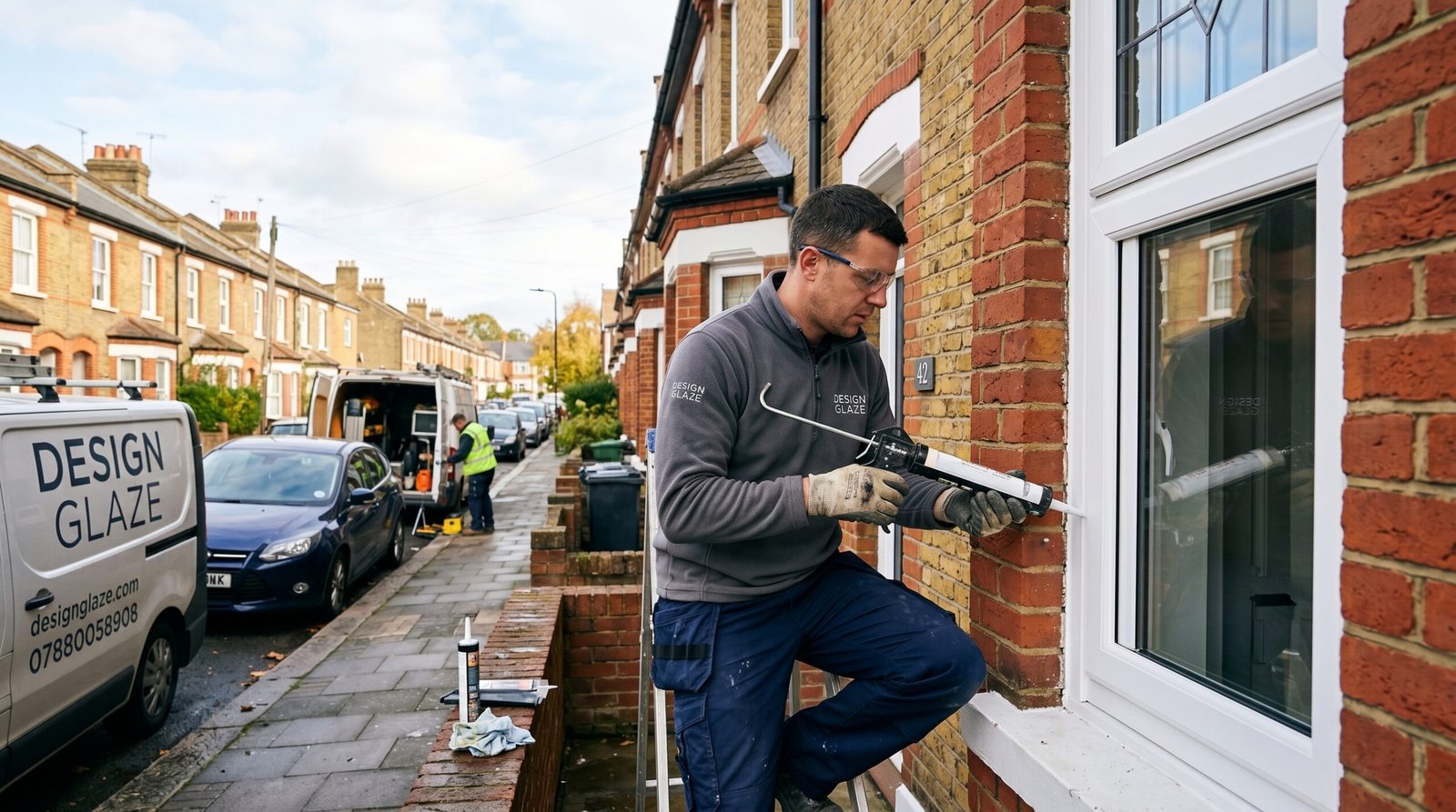 Installer fitting UPVC windows on a UK residential street 