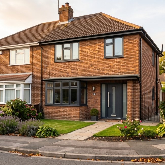 Semi-detached UK home with new anthracite grey UPVC windows fitted