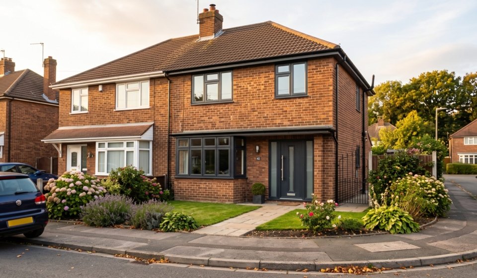 Semi-detached UK home with new anthracite grey UPVC windows fitted