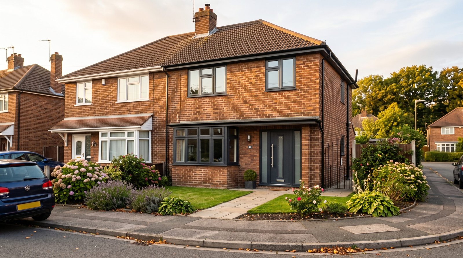 Semi-detached UK home with new anthracite grey UPVC windows fitted